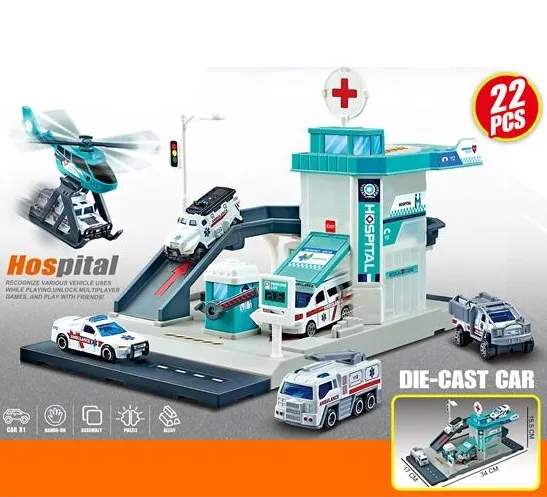 22Pcs DIY Manual Urban Hospital Parking With Alloy Ambulance