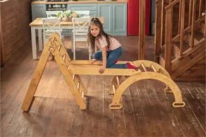 3in1 Montessori Climbing Set: Triangle Ladder   Wooden Arch   Slide Board – Beige