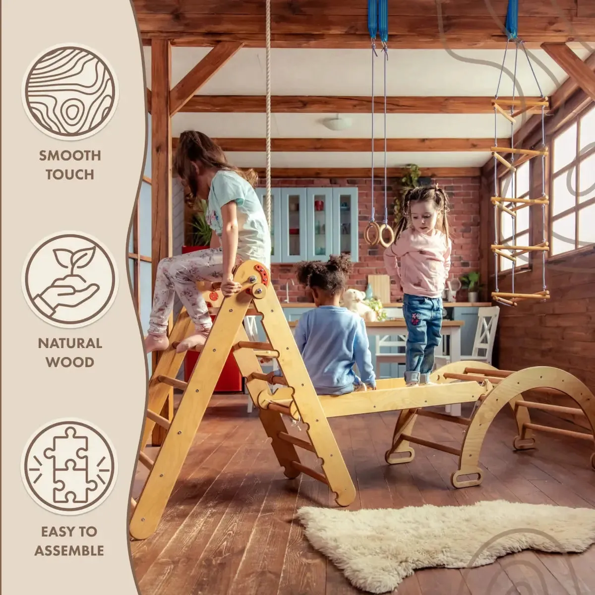 3in1 Montessori Climbing Set: Triangle Ladder   Wooden Arch   Slide Board – Beige