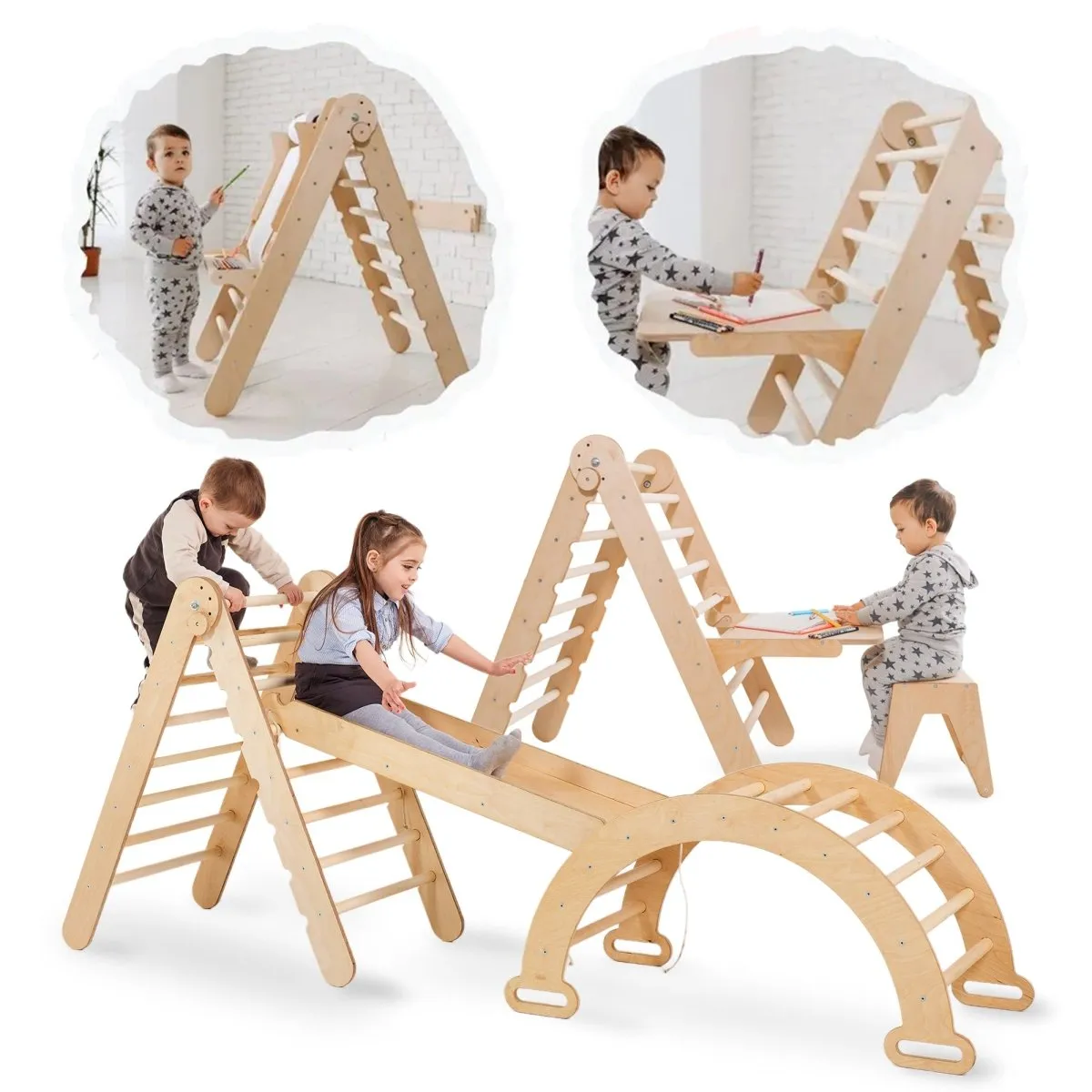 4in1 Montessori Climbing Set: Triangle Ladder   Climbing Arch   Slide Board   Art Addition