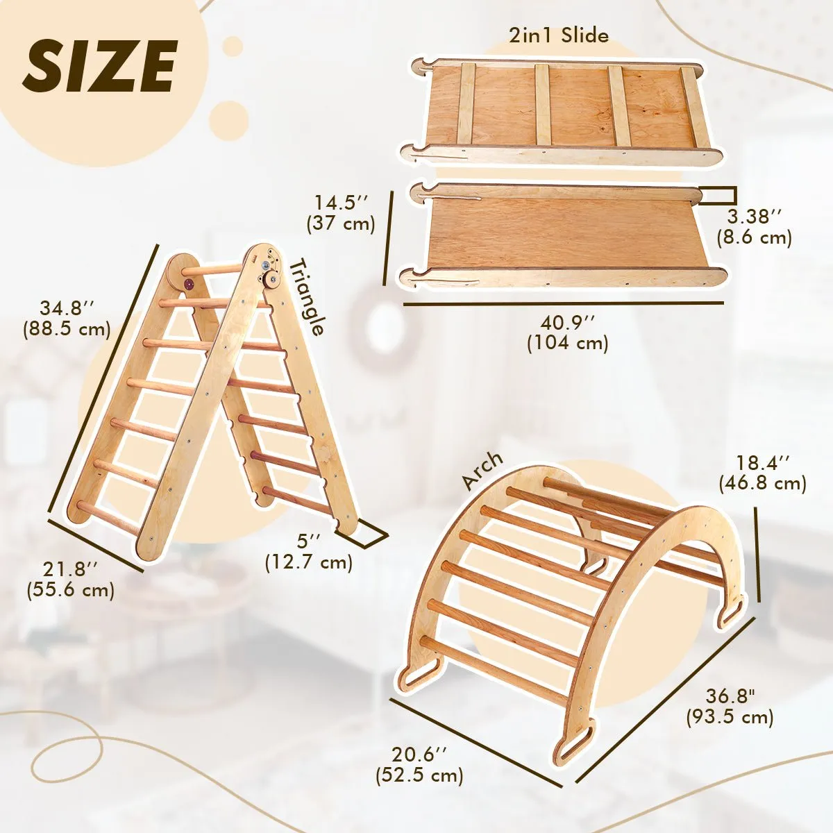 4in1 Montessori Climbing Set: Triangle Ladder   Climbing Arch   Slide Board   Cushion Beige