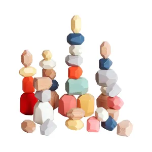 BESTAMTOY 36 PCS Wooden Sorting Stacking Rocks Stones,Sensory Toddler Toys Learning Montessori Toys, Building Blocks Game for Kids 1 2 3 4 5 6 Years Boy and Girl Birthday Gifts for Kids