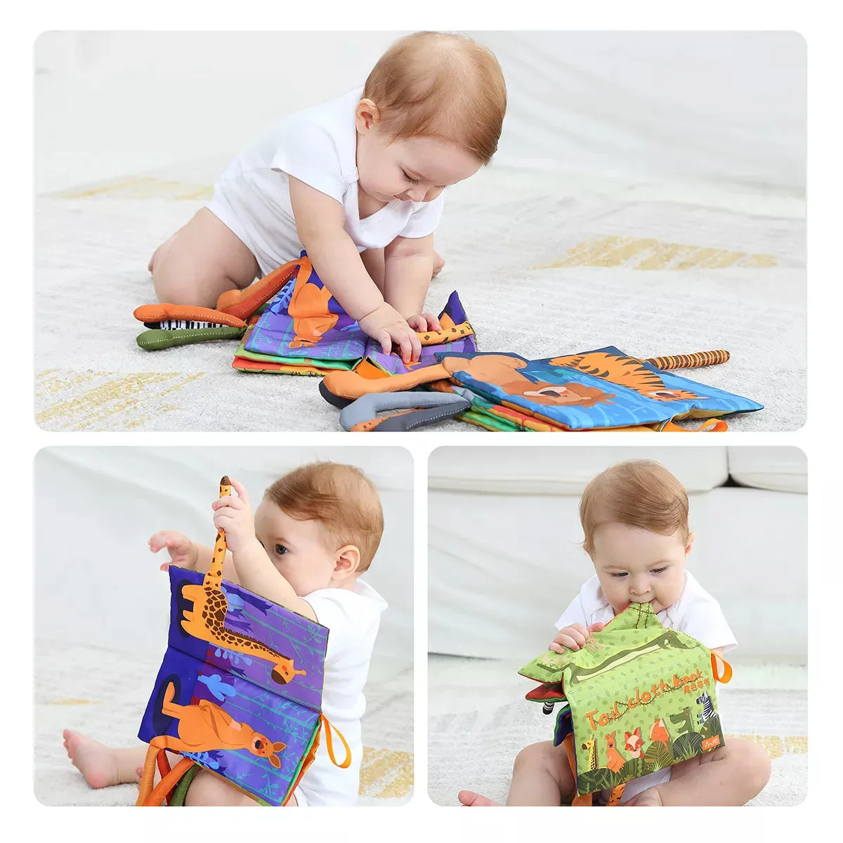 Cloth books, sensory book toys soft jungle tails squeaker and crinkle sound busy book learning toy for babies infant 3 Months 
