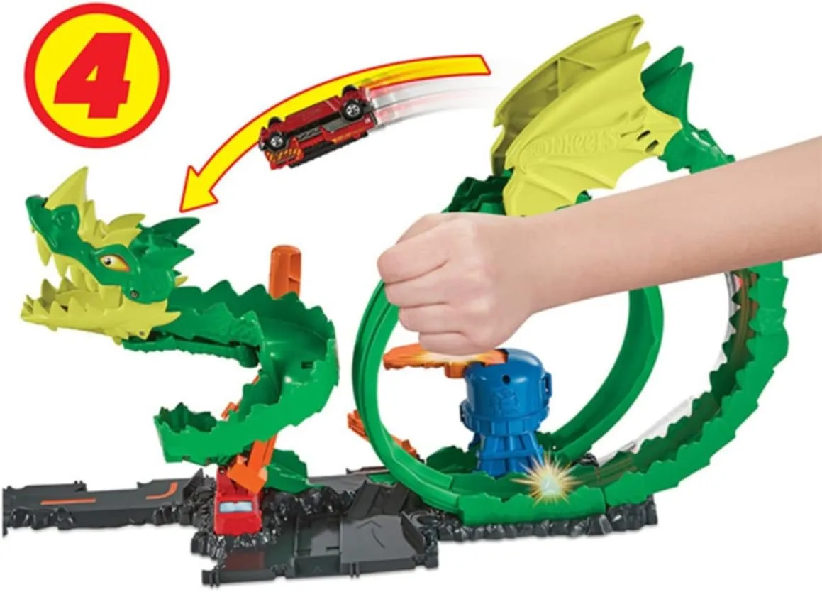 Hot Wheels Track Set with 1:64 Scale Toy Firetruck, City Fire Station with Dragon Nemesis and Track Play, Dragon Drive Firefight