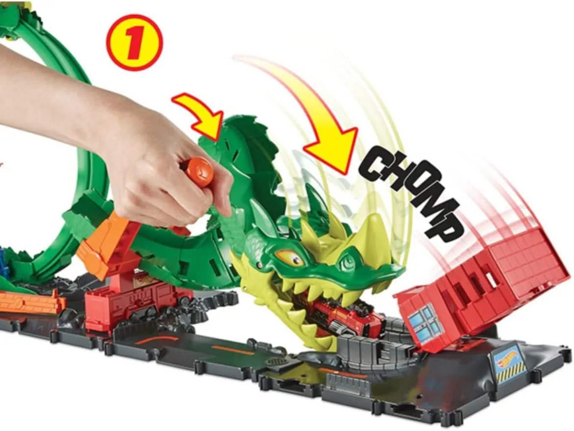 Hot Wheels Track Set with 1:64 Scale Toy Firetruck, City Fire Station with Dragon Nemesis and Track Play, Dragon Drive Firefight