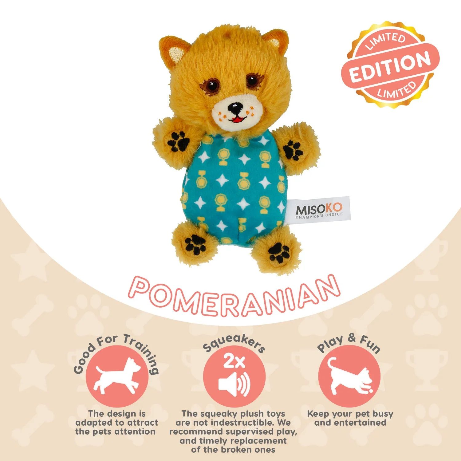 Misoko Limited Edition Pomeranian Spitz Squeaky Plush Dog Toy Soft For Small Breed Dogs And Puppies