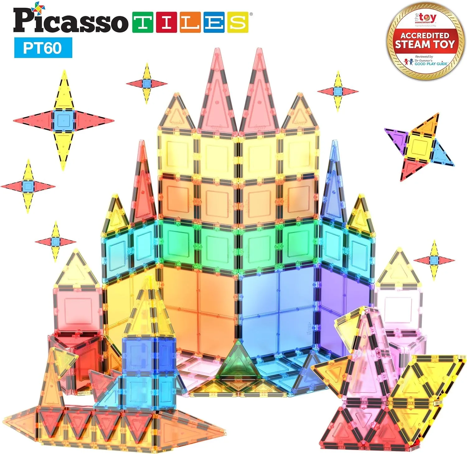 Picassotiles 60 Piece Set 60Pcs Magnet Building Tiles Clear Magnetic 3D Building Blocks Construction Playboards - Creativity beyond Imagination, Inspirational, Recreational, Educational, Conventional