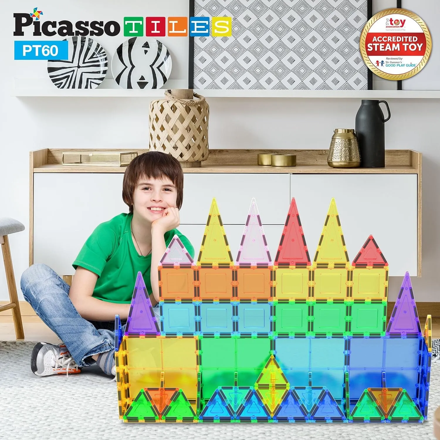Picassotiles 60 Piece Set 60Pcs Magnet Building Tiles Clear Magnetic 3D Building Blocks Construction Playboards - Creativity beyond Imagination, Inspirational, Recreational, Educational, Conventional