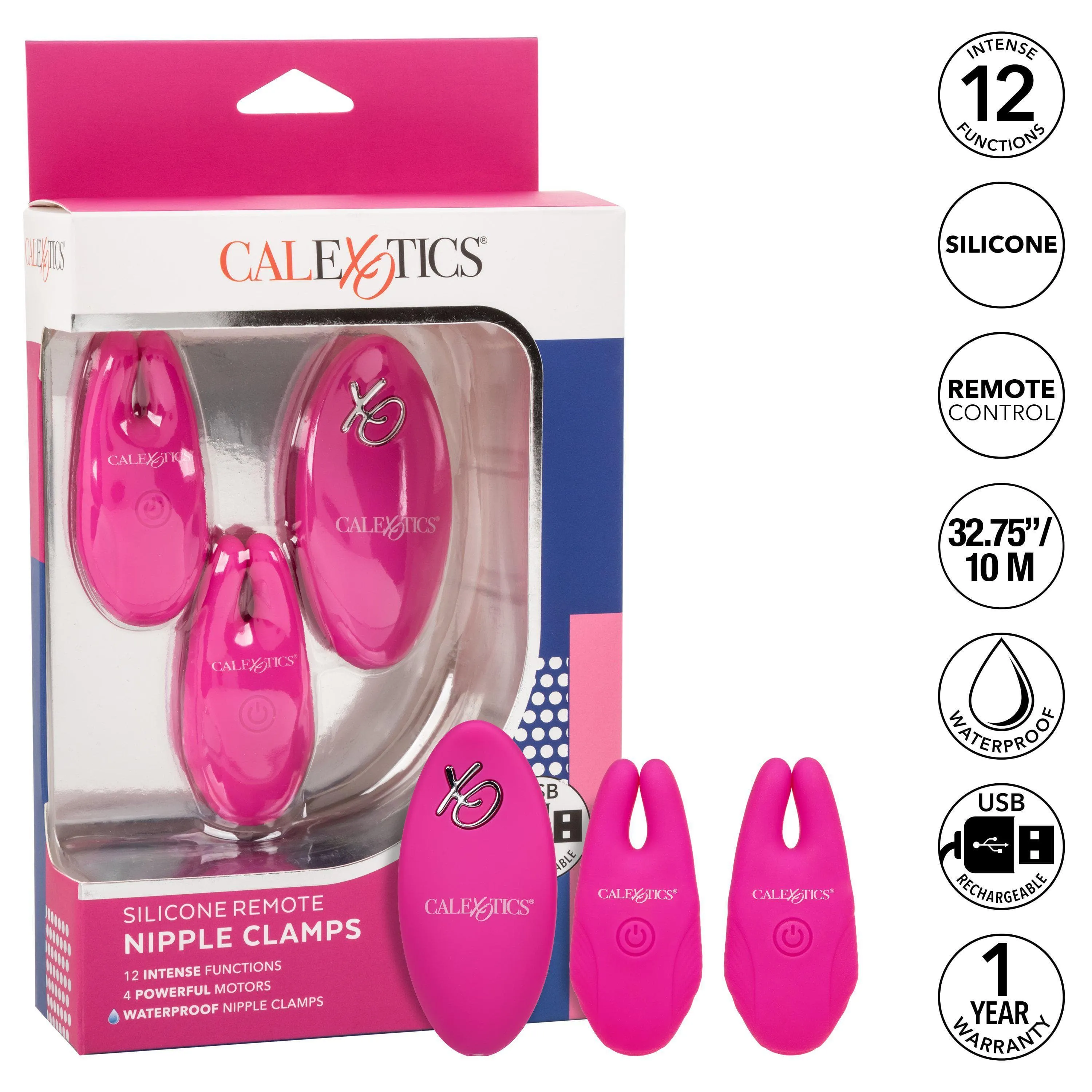 Silicone Remote Rechargeable 12 Function Vibrating Nipple Clamps