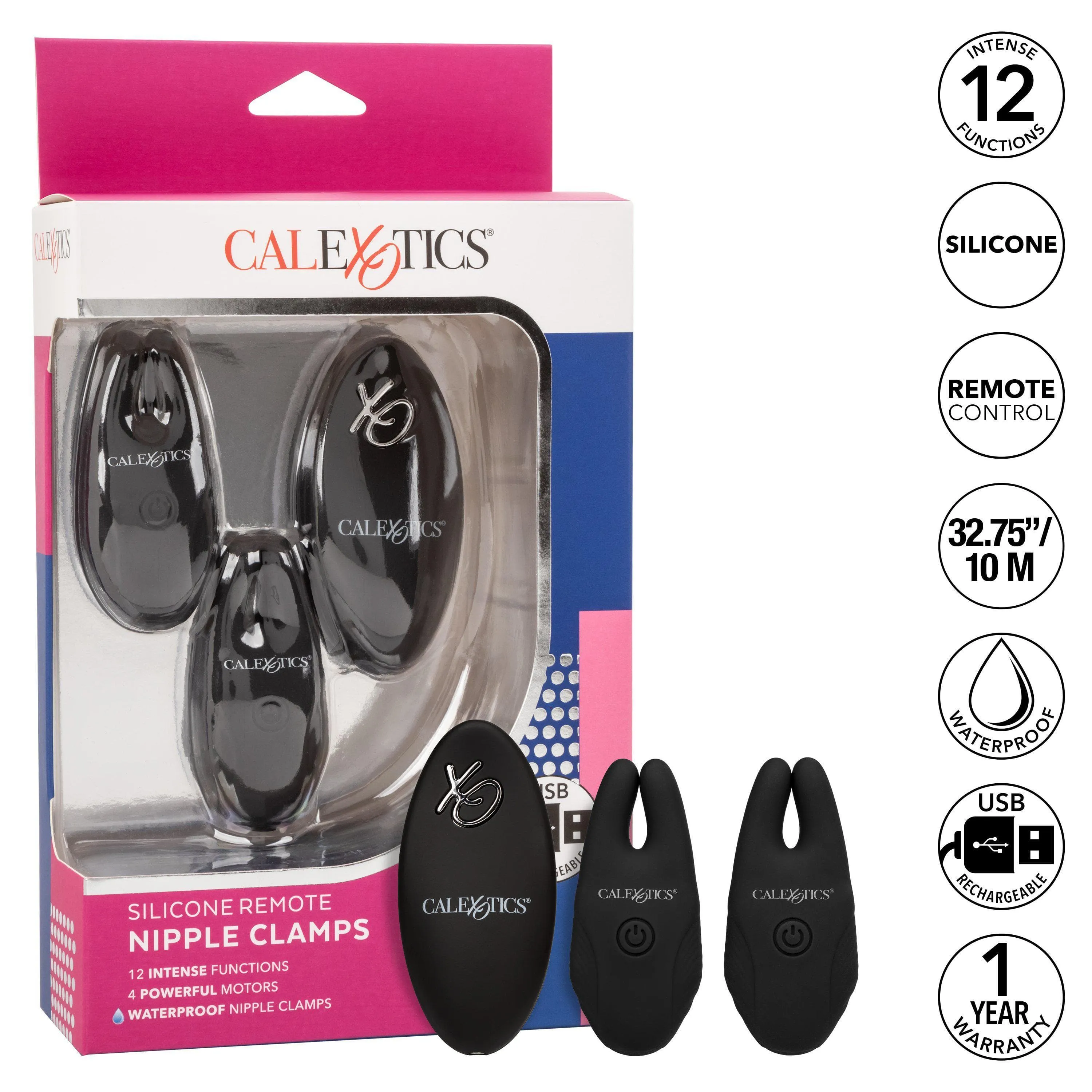 Silicone Remote Rechargeable 12 Function Vibrating Nipple Clamps