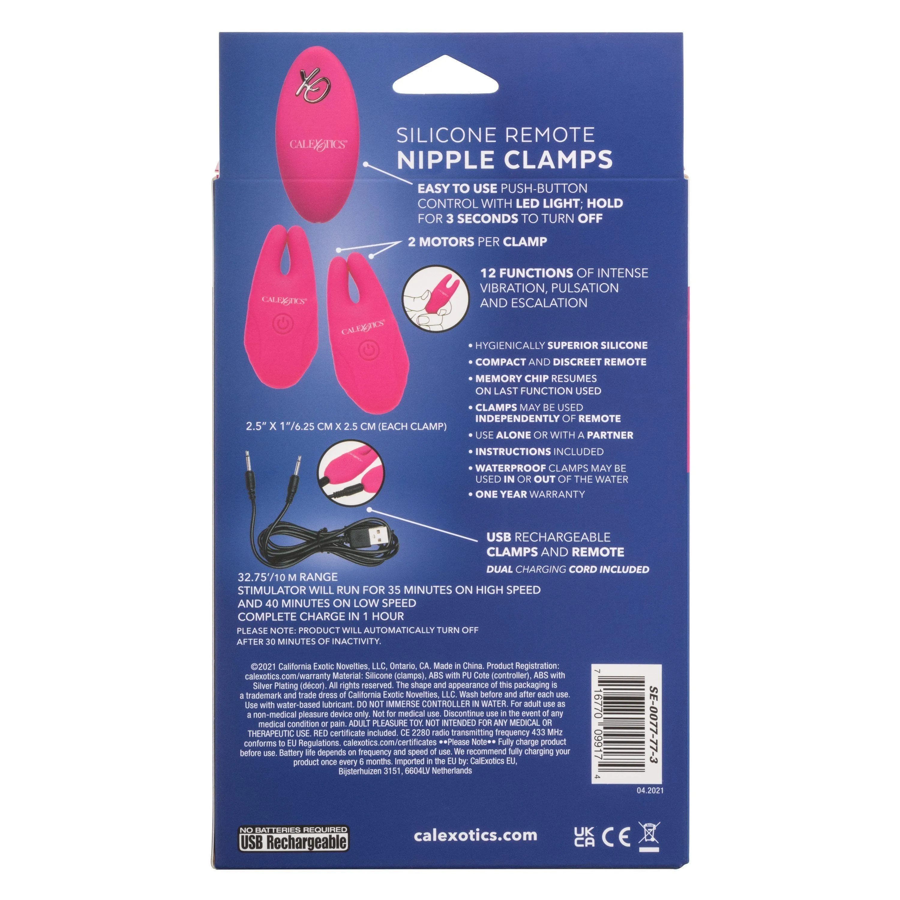 Silicone Remote Rechargeable 12 Function Vibrating Nipple Clamps